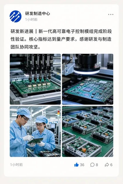 电子制造企业研发成果社交动态截图：包含 SMT 产线、PCB 检测、工程师调试与电子控制模组